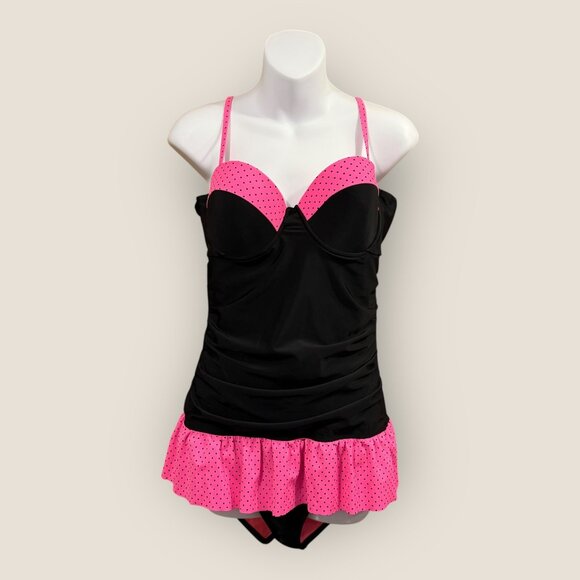 Joe Boxer Black and Pink Polka Dot Ruffle One Piece Swimsuit Size Large Swim - Picture 1 of 6